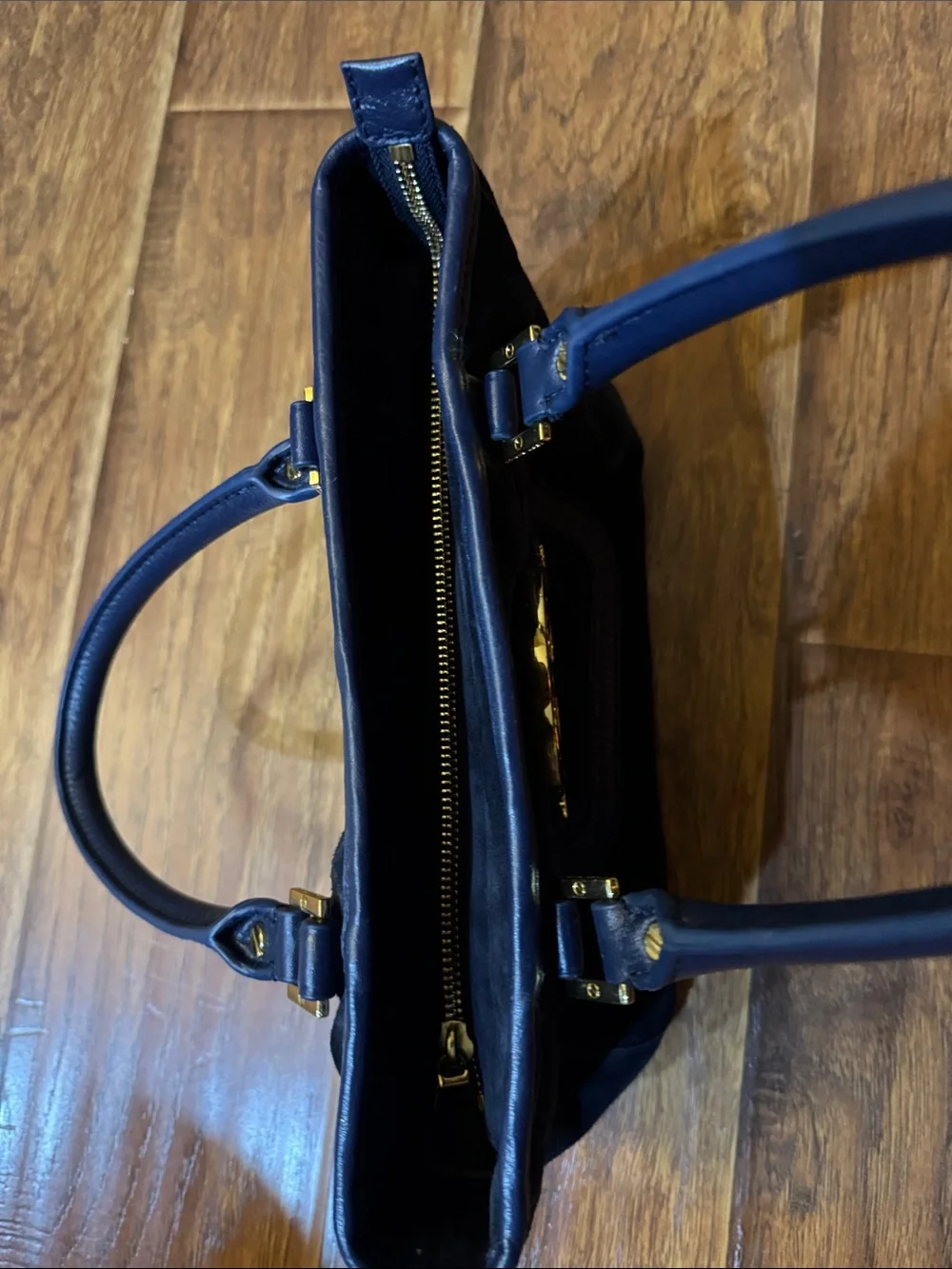 Tory Burch Navy Suede Shoulder Bag with Gold Logo